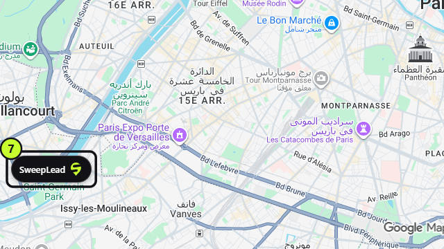 زر SweepLead في أسفل يسار Google Maps