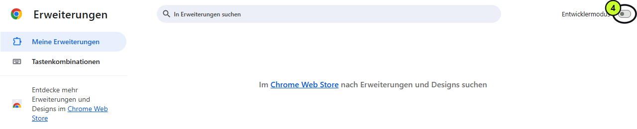 Schalter „Entwicklermodus“ oben rechts auf der Seite der Erweiterungen