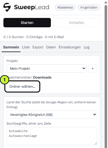 Schaltfläche „Ordner wählen…“ im Reiter Sammeln
