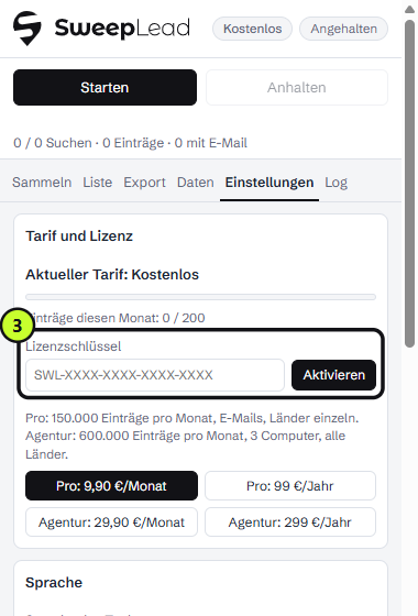 Feld „Lizenzschlüssel“ in den Einstellungen