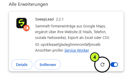 Runder Pfeil „Neu laden“ auf der Karte von SweepLead