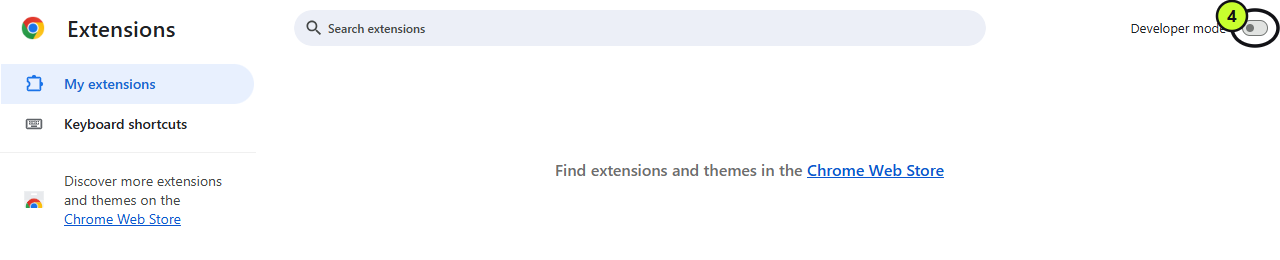 Developer mode switch at the top right of the extensions page