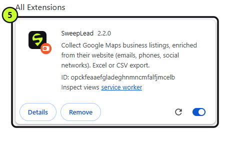 SweepLead card on the extensions page