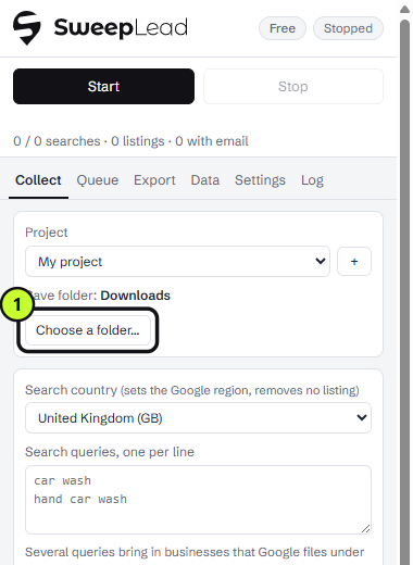 Choose a folder button in the Collect tab
