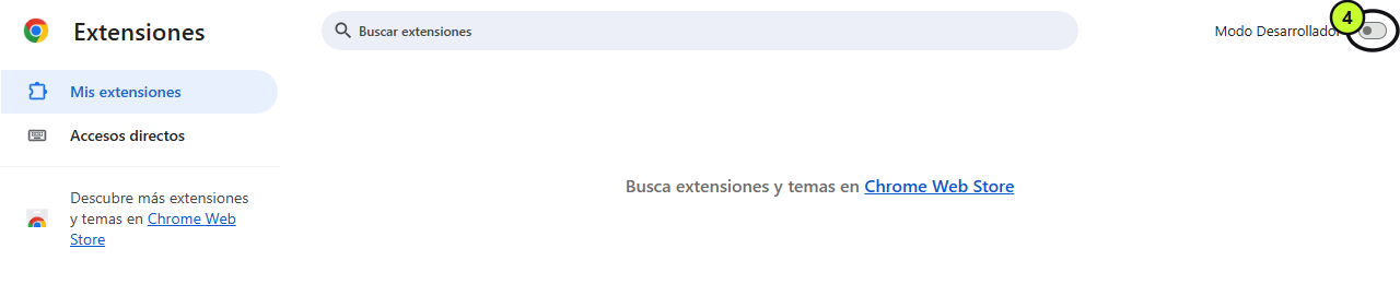Interruptor «Modo Desarrollador» arriba a la derecha de la página de extensiones