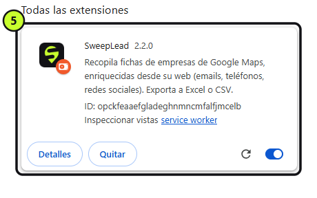 Tarjeta de SweepLead en la página de extensiones