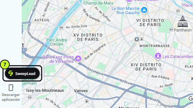 Botón SweepLead abajo a la izquierda de Google Maps
