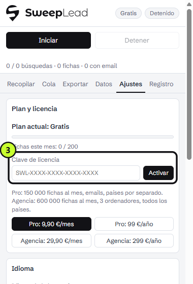 Campo «Clave de licencia» en Ajustes