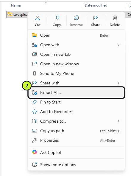 Clic derecho en el ZIP y luego «Extraer todo…» (aquí un Windows en inglés: «Extract All»)