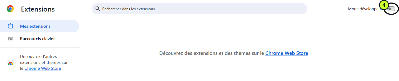 Interrupteur « Mode développeur » en haut à droite de la page des extensions