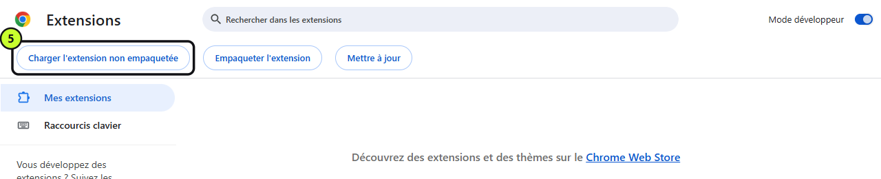 Bouton « Charger l'extension non empaquetée »