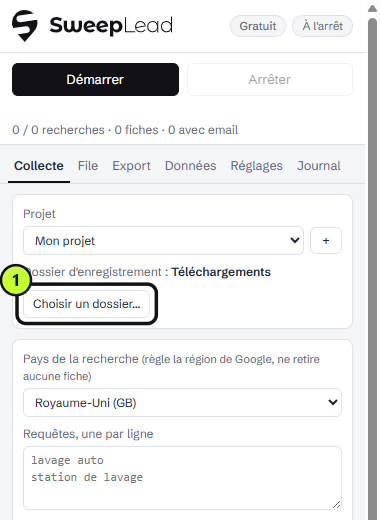 Bouton « Choisir un dossier… » dans l'onglet Collecte