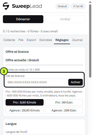 Champ « Clé de licence » dans Réglages