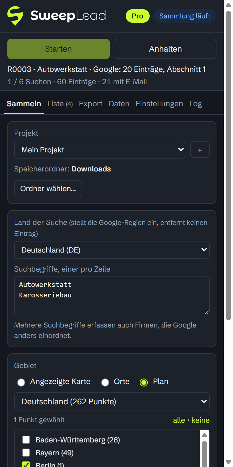 Laufende Sammlung: Suchen, Einträge, E-Mails