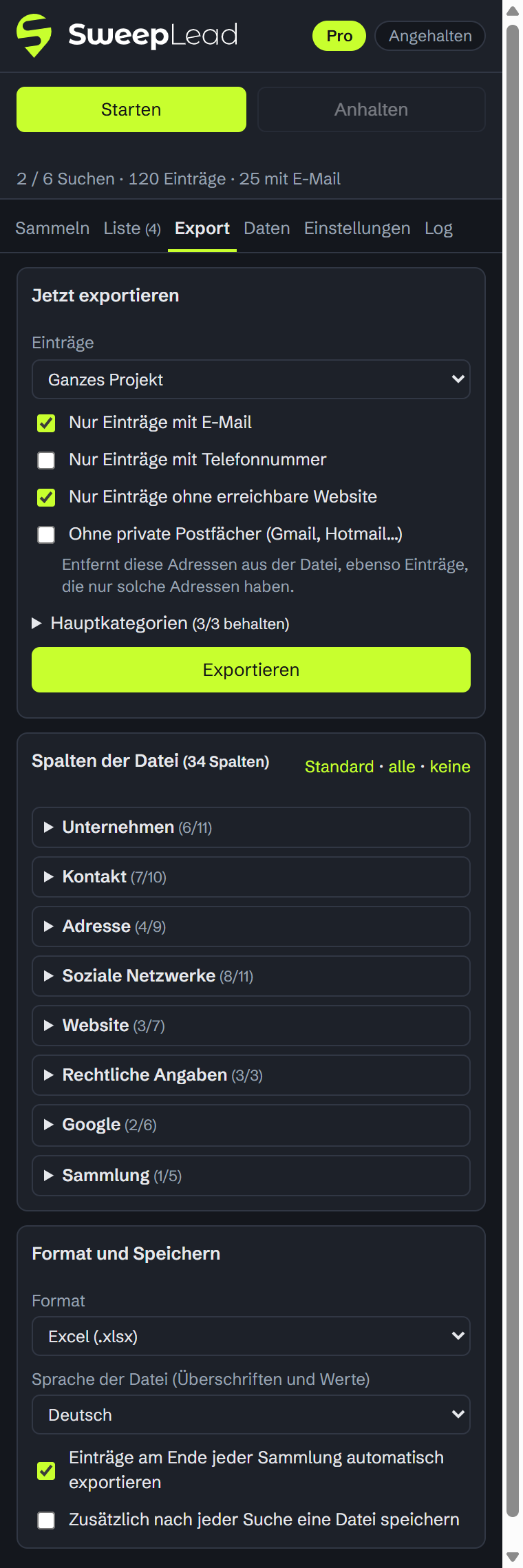 Tab Export: Spalten, Format, Filter