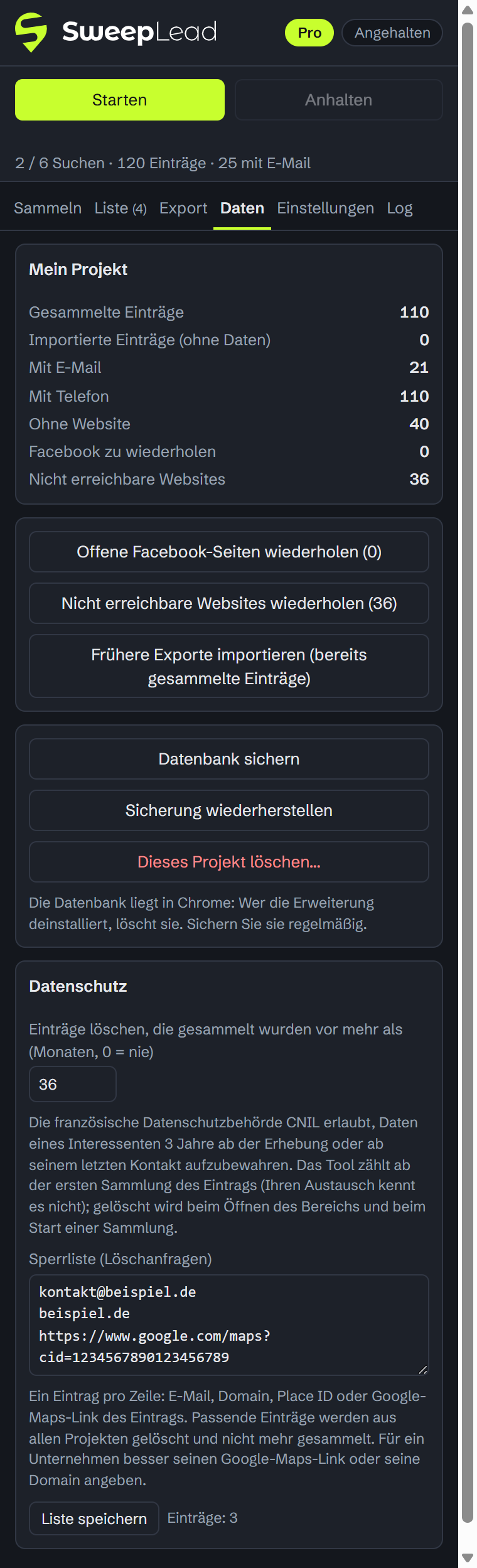 Tab Daten: Datenschutz