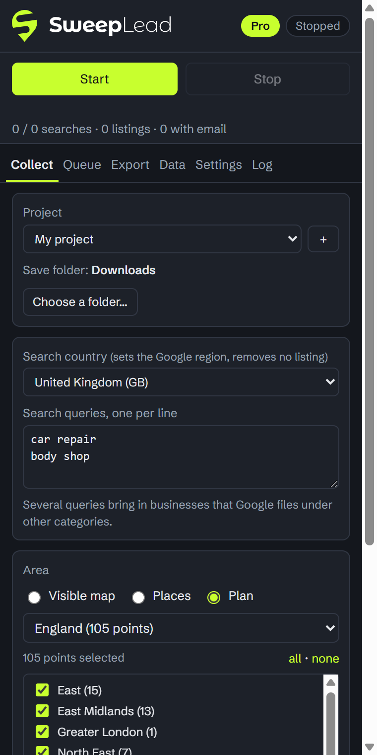 Collection tab: searches and France plan