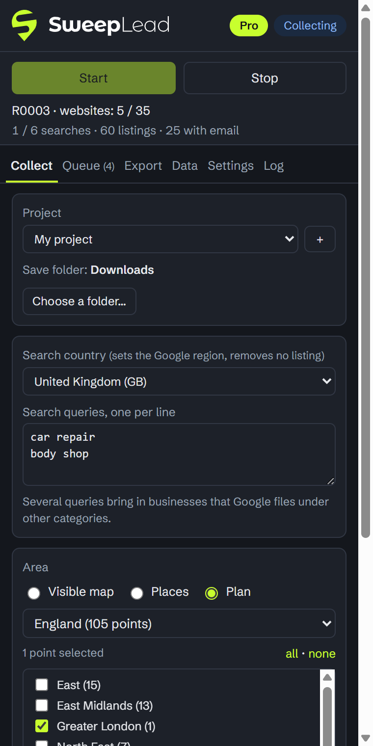 Collection in progress: searches, listings, emails