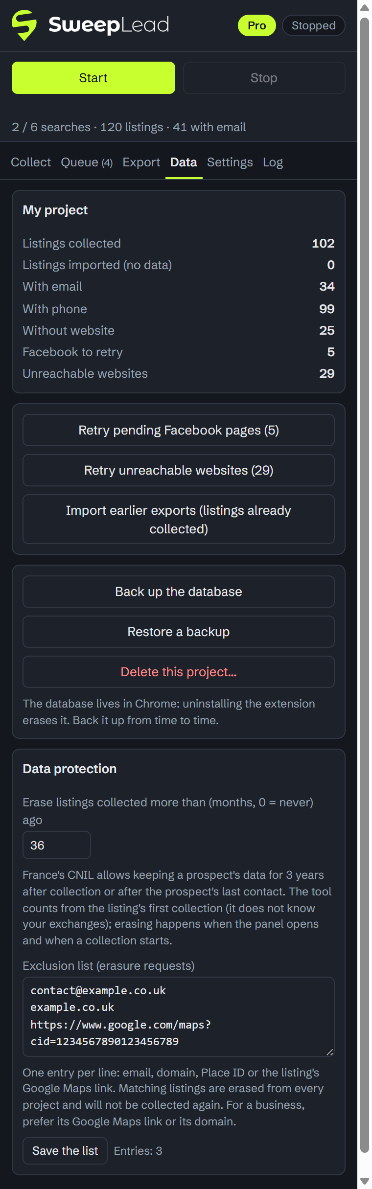 Data tab: data protection