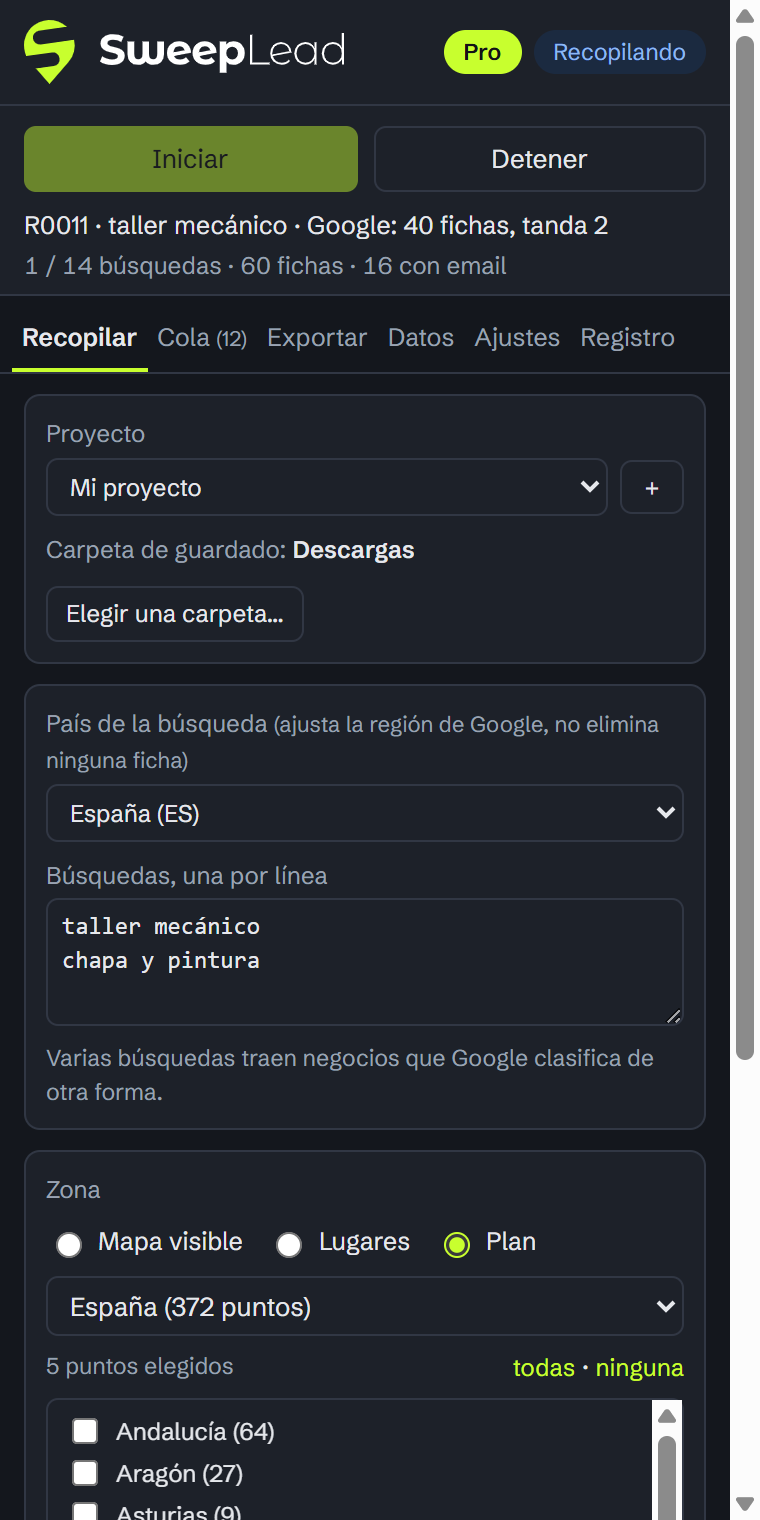 Recopilación en curso: búsquedas, fichas, emails