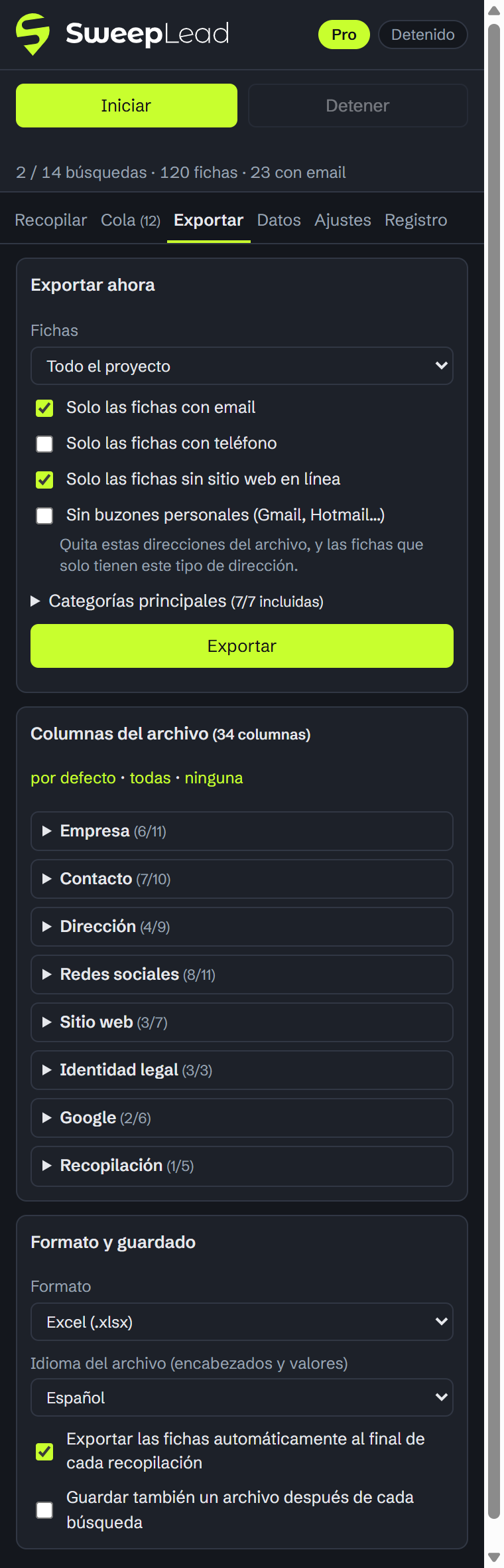 Pestaña Exportar: columnas, formato, filtros