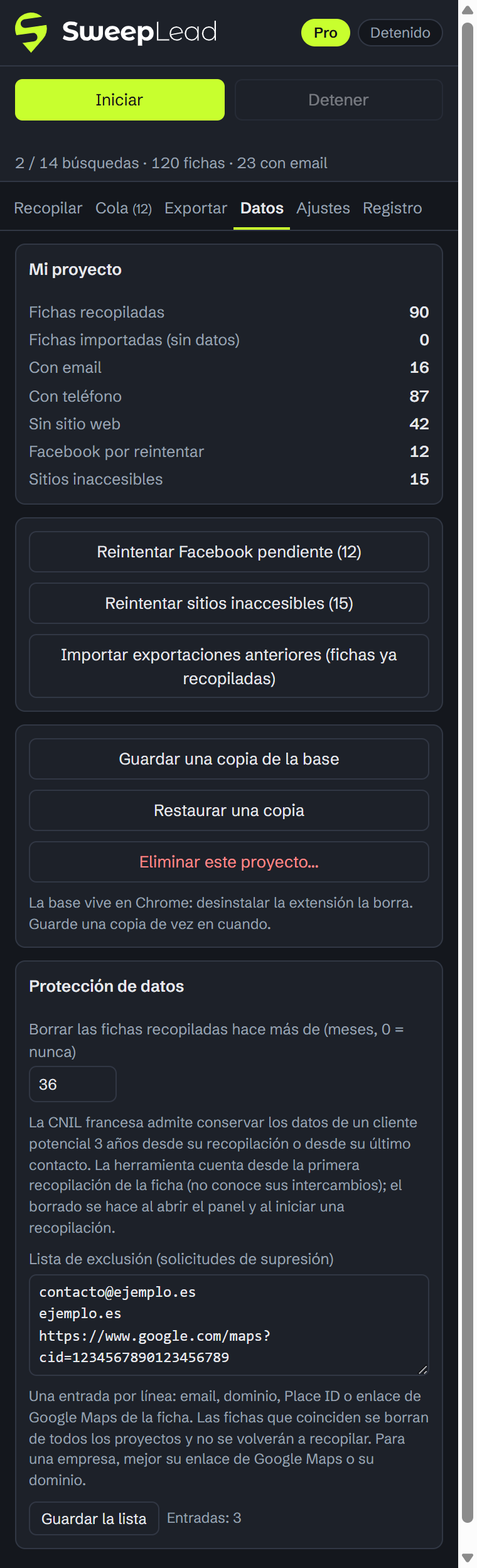 Pestaña Datos: protección de datos
