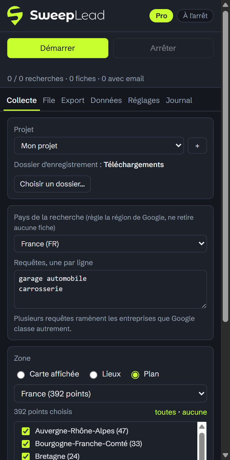 Onglet Collecte : requêtes et plan France