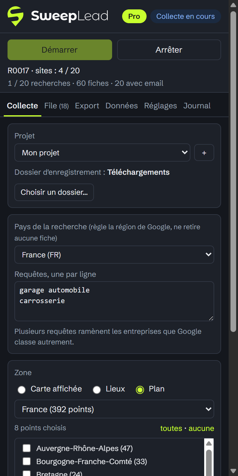 Collecte en cours : recherches, fiches, emails