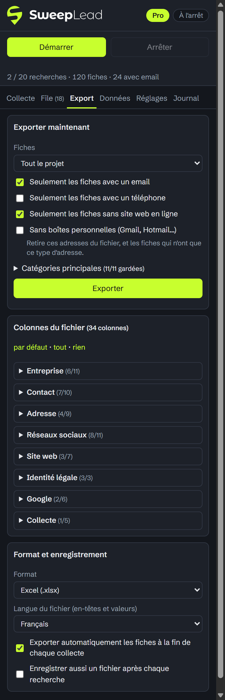 Onglet Export : colonnes, format, filtres
