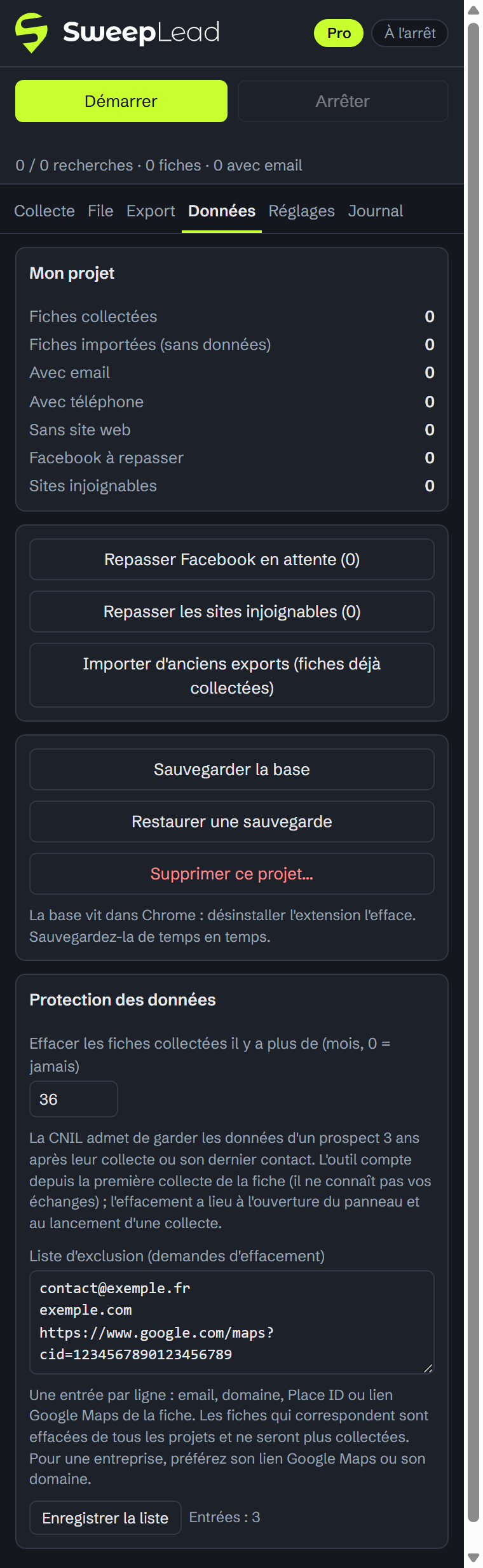 Onglet Données : protection des données